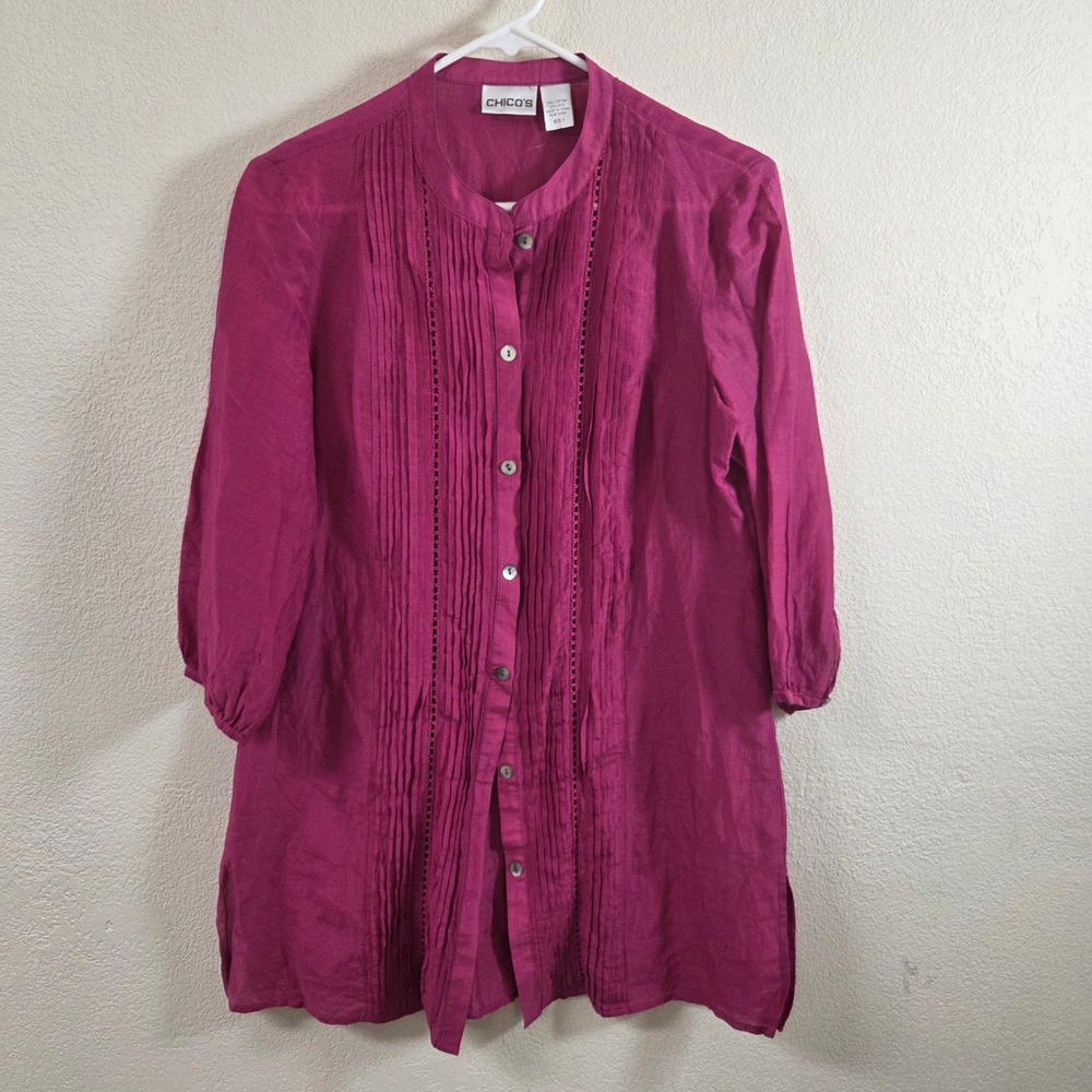 Chico's Magenta Pink Cotton Silk Pintuck Pleated Tunic Shirt Size 1 Medium